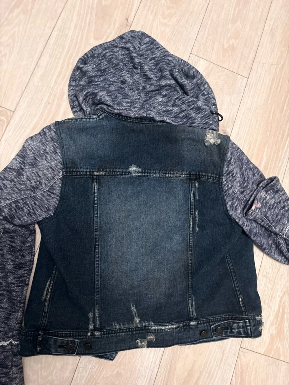 Free People Hooded Mixed-Media Jean Jacket in Dark Blue and Heather Gray - Picture 7 of 9